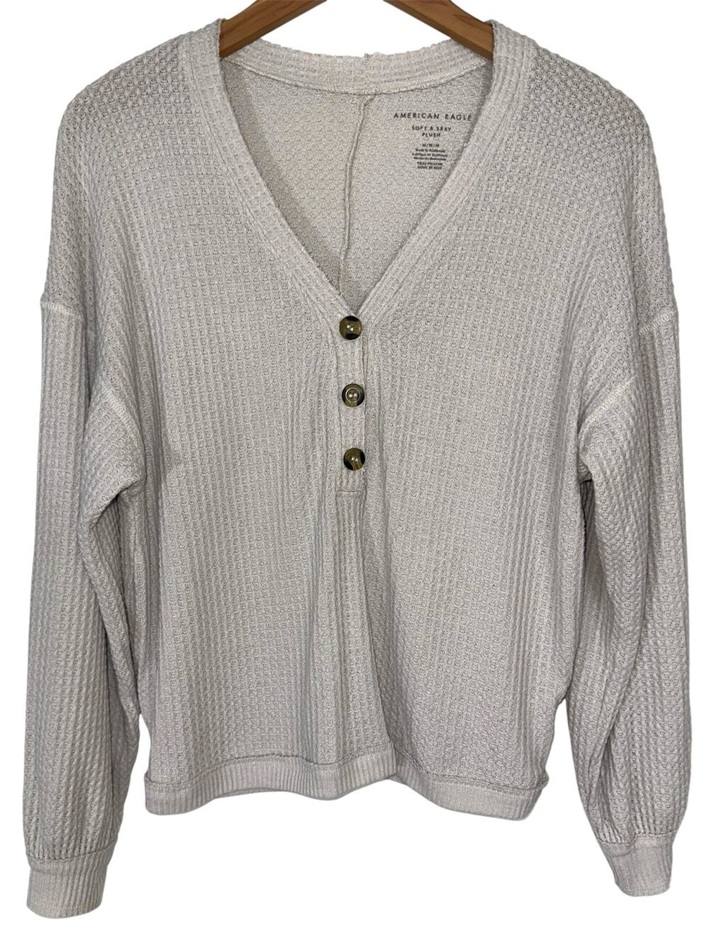 American Eagle Cream Soft & Sexy Plush Thermal Waffle Knit Henley Top Size M